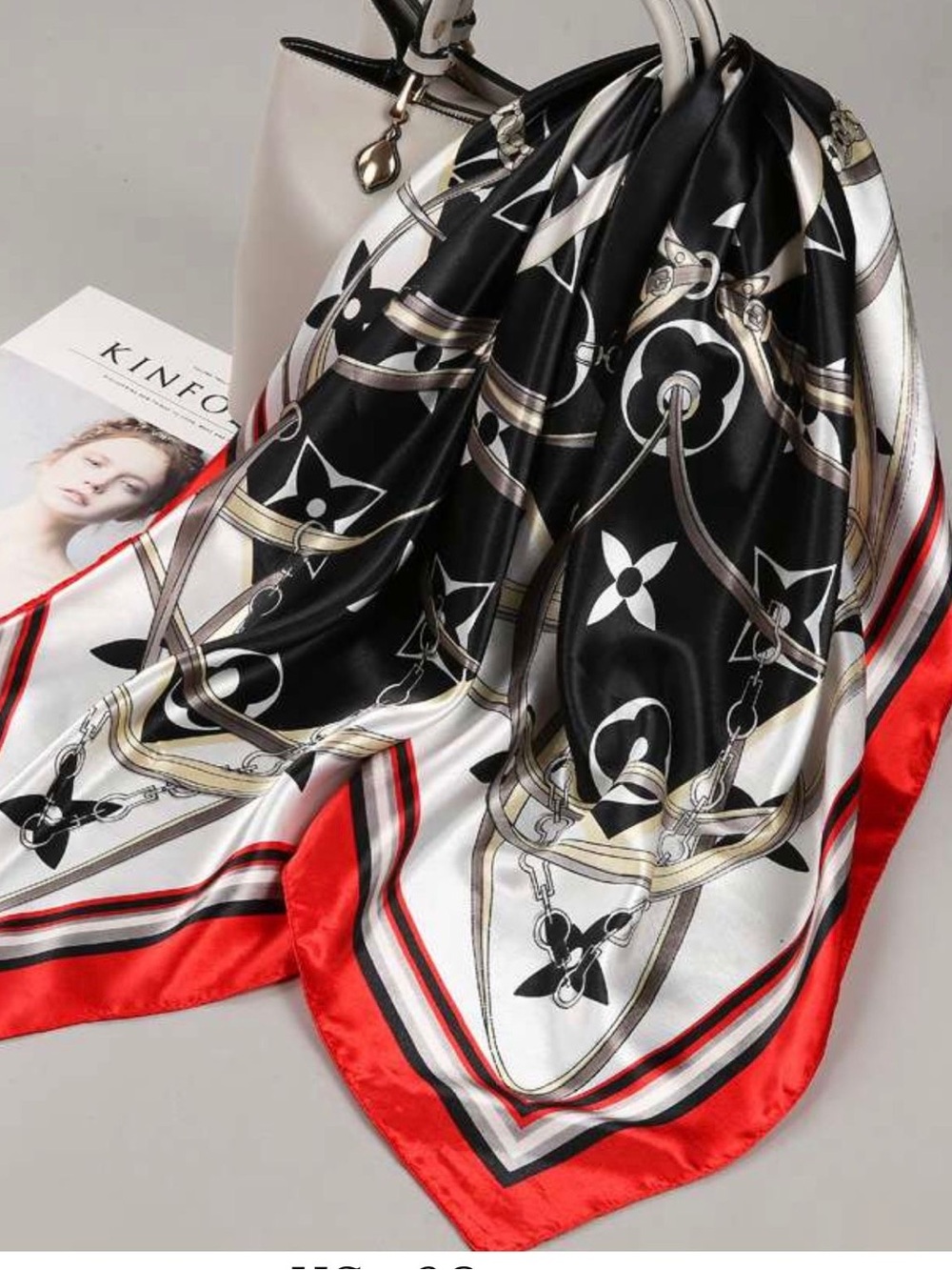Silk-Effect Black, White & Red Patterned Women's Scarf